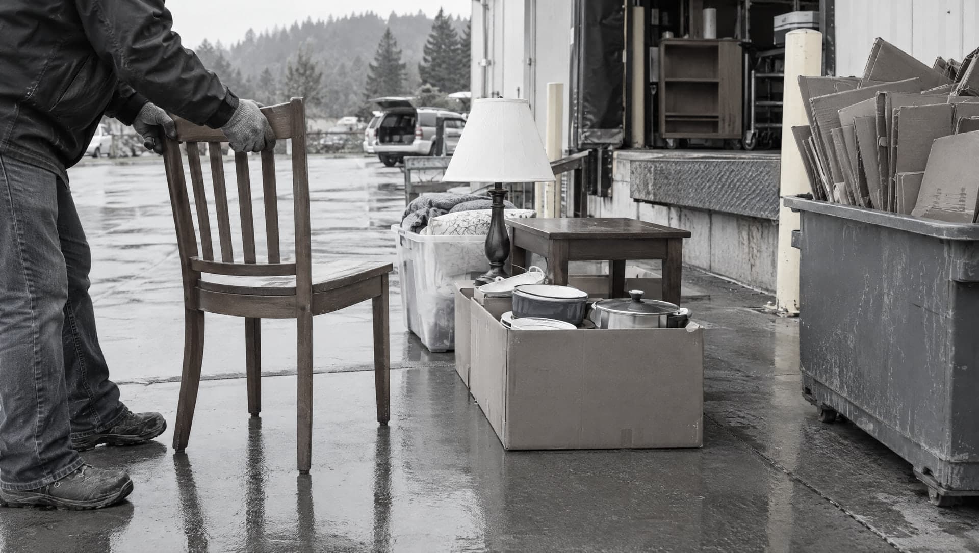 A chair, a lamp and boxed kitchenware set down at a donation dock beside a bin of flattened cardboard.